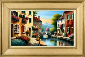 een schilderij van een kanaal met bloemen en gebouwen. ai-gegenereerd foto