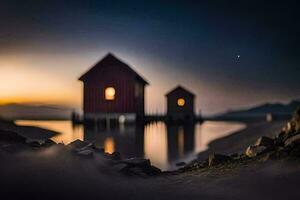 foto behang de lucht, de maan, de water, de huis, de meer, de huis. ai-gegenereerd