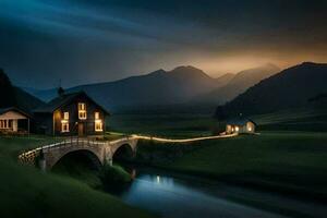 een huis zit Aan een brug over- een rivier- Bij nacht. ai-gegenereerd foto