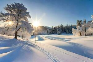 sneeuw gedekt bomen en de zon schijnend in de achtergrond. ai-gegenereerd foto