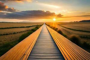 een houten loopbrug Leidt naar de zonsondergang over- een veld. ai-gegenereerd foto