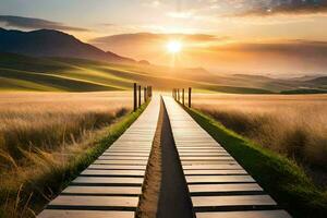 een houten loopbrug Leidt naar de zon in de afstand. ai-gegenereerd foto