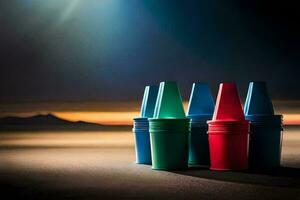 vier kleurrijk plastic cups zijn bekleed omhoog Aan een tafel. ai-gegenereerd foto