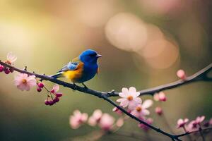 een blauw vogel zit Aan een Afdeling met roze bloemen. ai-gegenereerd foto