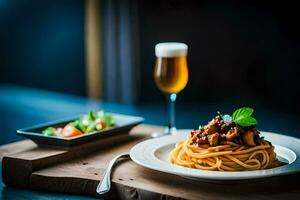 spaghetti met vlees en groenten Aan een bord. ai-gegenereerd foto