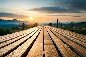 een houten brug Leidt naar de zon instelling over- bergen. ai-gegenereerd foto