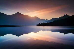 een berg reeks is weerspiegeld in de water Bij zonsondergang. ai-gegenereerd foto