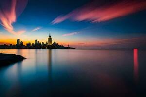 de stad horizon is gezien in de afstand Bij zonsondergang. ai-gegenereerd foto