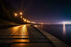 een lang loopbrug langs de water Bij nacht. ai-gegenereerd foto