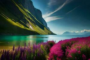 de bloemen zijn bloeiend in de bergen, de meer is kalmte en de lucht is blauw. ai-gegenereerd foto