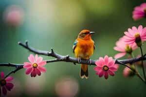 een kleurrijk vogel zit Aan een Afdeling met roze bloemen. ai-gegenereerd foto