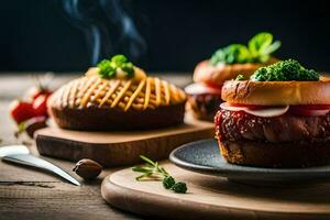 drie hamburgers Aan een houten tafel. ai-gegenereerd foto