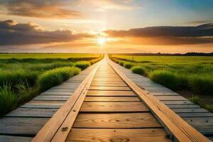 een houten pad Leidt naar de zonsondergang. ai-gegenereerd foto