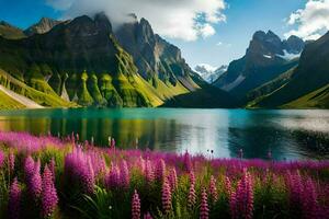 een meer omringd door Purper bloemen en bergen. ai-gegenereerd foto
