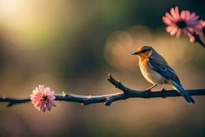 een vogel zit Aan een Afdeling met roze bloemen. ai-gegenereerd foto