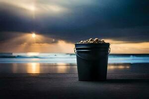 een emmer van pinda's Aan de strand. ai-gegenereerd foto