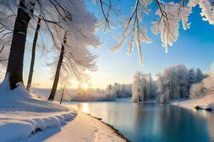 winter landschap met bomen en water. ai-gegenereerd foto