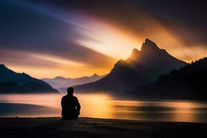 een Mens zit in meditatie in voorkant van een meer Bij zonsondergang. ai-gegenereerd foto