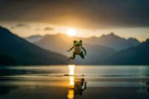 een kikker jumping in de water Bij zonsondergang. ai-gegenereerd foto