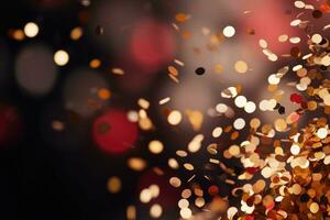 ai gegenereerd. abstract feestelijk rood bokeh achtergrond van onscherp gouden fonkeling confetti cirkels foto