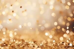 ai gegenereerd. abstract feestelijk gouden bokeh achtergrond van onscherp gouden fonkeling confetti cirkels foto