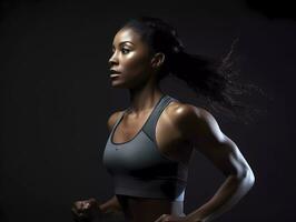 ai gegenereerd een kant profiel en voor de helft lichaam fotografie van een vrouw rennen atleet Aan zwart achtergrond. loper concept met kopiëren ruimte. foto