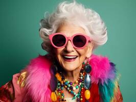 ai gegenereerd gelukkig en grappig koel oud grootmoeder met modieus kleren portret Aan neon achtergrond. foto