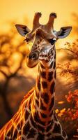 een majestueus giraffe staand hoog tegen de backdrop van de Afrikaanse savanne, ai generatief foto