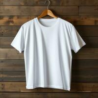 duidelijk wit t-shirt mockup met een hanger hangende Aan een houten achtergrond, ai generatief foto