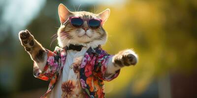 een koel kat dansen vervelend kleurrijk kleren en zonnebril, ai generatief foto