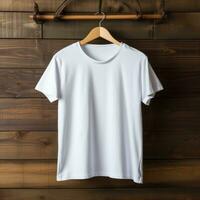 duidelijk wit t-shirt mockup met een hanger hangende Aan een houten achtergrond, ai generatief foto