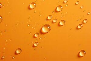 verspreide druppels van water vloeistof Aan een oranje backdrop foto