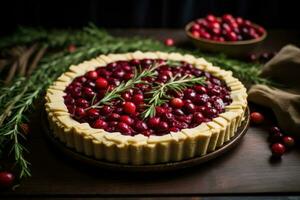 gluten vrij veganistisch dankzegging bakken gevangen genomen in tonen van gezond kastanje bruin zon rijpte veenbes rood vers tijm groen en boterachtig gebakje room tinten foto