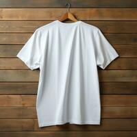 een visie van terug luxueus duidelijk wit overmaats t-shirt mockup met een hanger hangende Aan een houten achtergrond, ai generatief foto