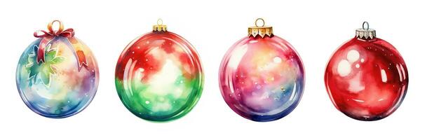 reeks van 4 Kerstmis waterverf glas ballen dichtbij omhoog Aan een wit achtergrond. Kerstmis decoratief speelgoed voor decoreren de nieuw jaar boom. ontwerp elementen voor scrapbooken, kaart, ai gegenereerd foto