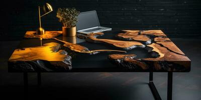 luxe bureau met epoxy hars en vernis ronde boom plaat met zwart epoxy rivier- houten achtergrond hoi, ai generatief foto