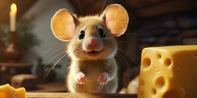 schattig muis staand door aan het eten heerlijk kaas ai generatief foto