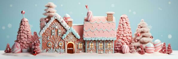 snoep versierd peperkoek huis te midden van Kerstmis decor geïsoleerd Aan helling pastel achtergrond foto