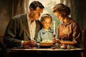 klassiek Jaren 50 biddend familie dankzegging afgebeeld in tinten van okkernoot bruin gedempt olijf- en stoffig taling foto