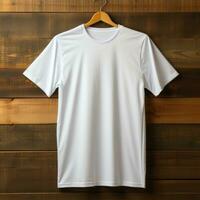 duidelijk wit t-shirt mockup met een hanger hangende Aan een houten achtergrond, ai generatief foto