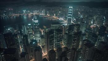 gloeiend wolkenkrabbers verlichten de futuristische stadsgezicht Bij schemer gegenereerd door ai foto