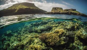 multi gekleurde vis zwemmen in majestueus onderwater- landschap gegenereerd door ai foto