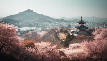 oude pagode boven berg, schoonheid in natuur gegenereerd door ai foto