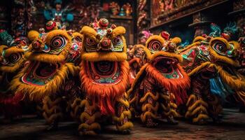 multi gekleurde draak dansen in traditioneel Chinese festival, brengen geluk en vreugde gegenereerd door ai foto