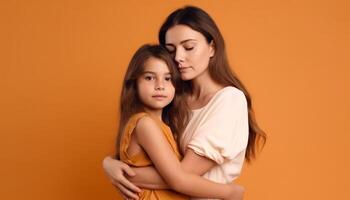 glimlachen moeder omarmt schattig dochter, familie liefde in studio schot gegenereerd door ai foto