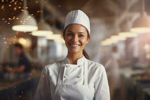 vrouw chef glimlachen in voorkant van keuken foto