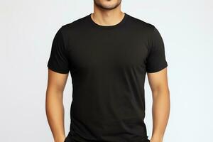 basics een bella canvas klassiek eenvoudig zwart t - overhemd mockup tegen een minimalistische achtergrond, ai gegenereerd foto