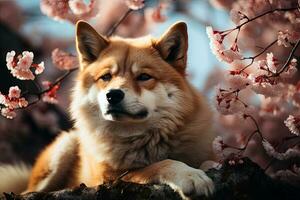 akita inu Aan de achtergrond van bloeiend bomen, detailopname foto, ai kunst foto