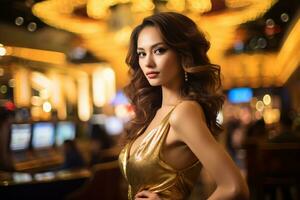 een jong vrouw elegant gekleed in een goud jurk in de casino ai generatief foto