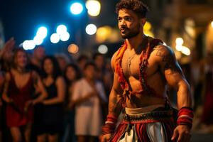 een straat performer gekleed net zo een Romeins gladiator een foto van een loper sprinten door een stad park ai generatief